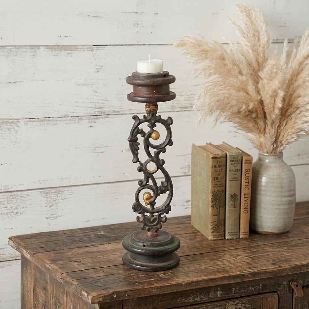 16" Black Distressed Floral Metal Tabletop Tealight Candle Holder HomeRoots