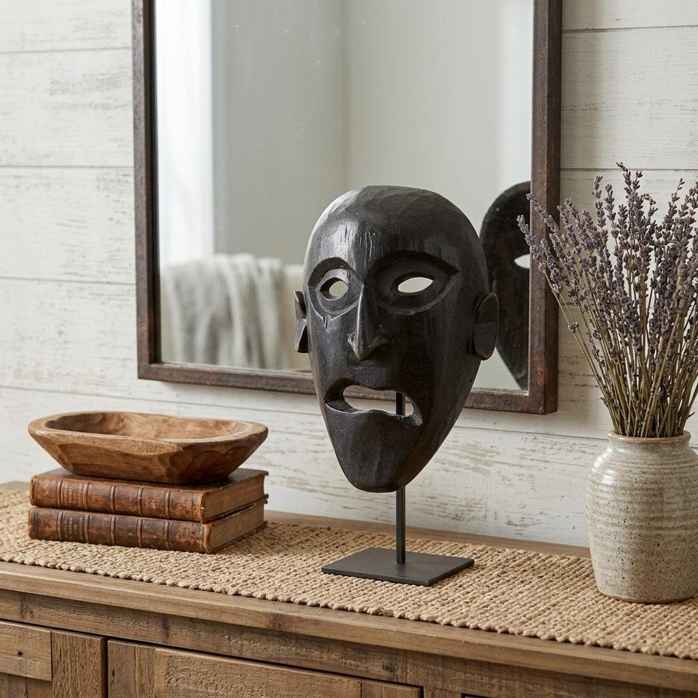 11" Black Solid Wood Decorative Mask Tabletop Sculpture HomeRoots