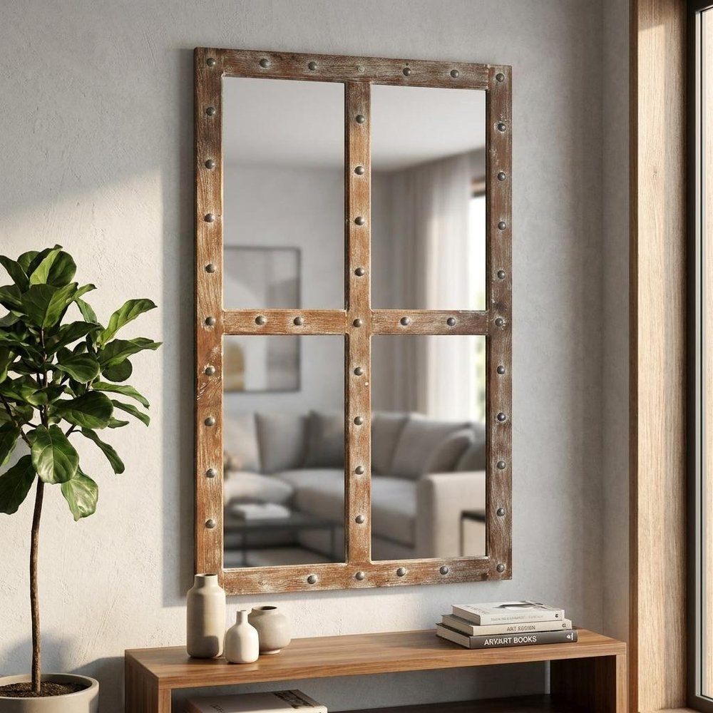 60" Light Brown Solid Wood Windowpane Framed Accent Mirror HomeRoots