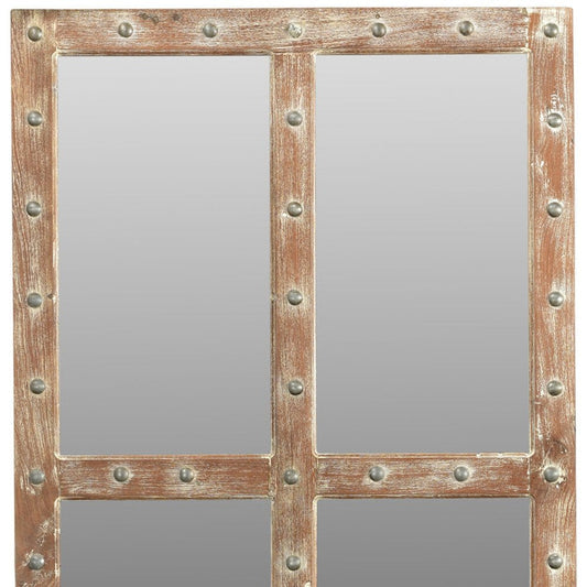 60" Light Brown Solid Wood Windowpane Framed Accent Mirror