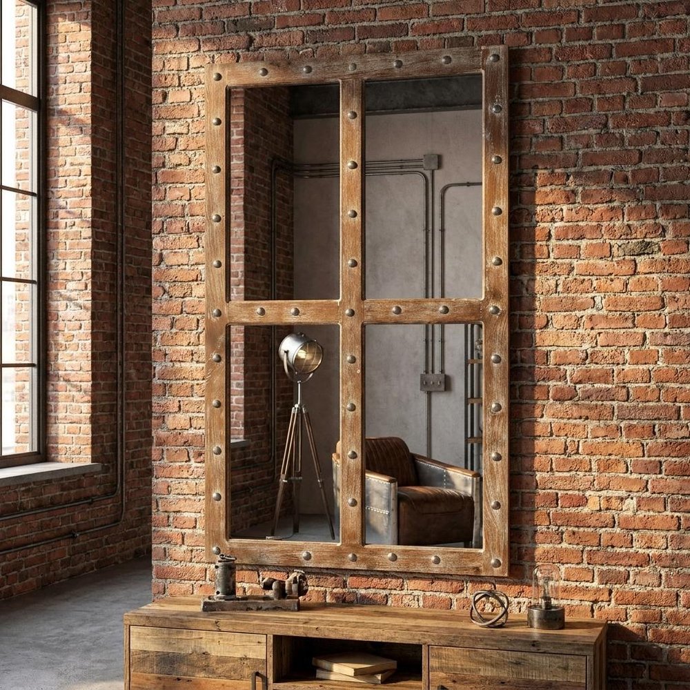 60" Light Brown Solid Wood Windowpane Framed Accent Mirror HomeRoots