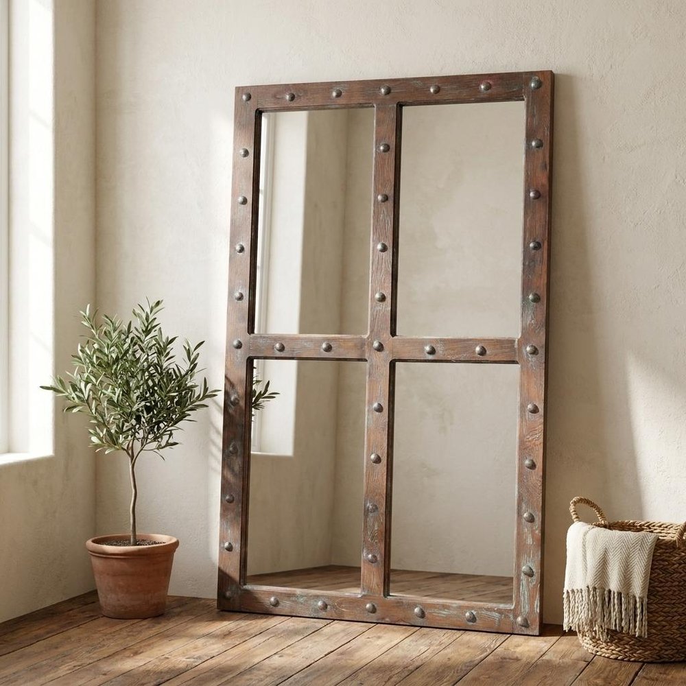 60" Wood Brown Rustic Solid Wood Window Pane Framed Accent Mirror HomeRoots