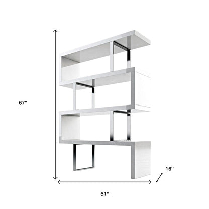67" White And Silver Metal and Wood Three Tier Etagere Bookcase