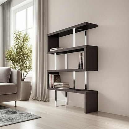 67" Espresso And Silver Metal and Wood Three Tier Etagere Bookcase HomeRoots