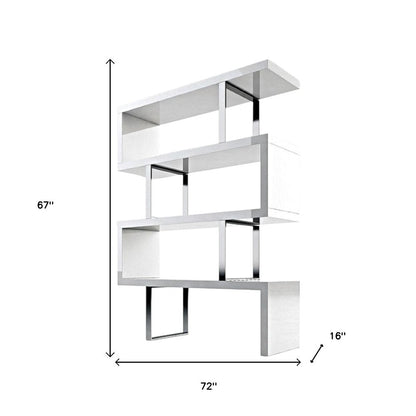 67" White And Silver Metal and Wood Three Tier Etagere Bookcase