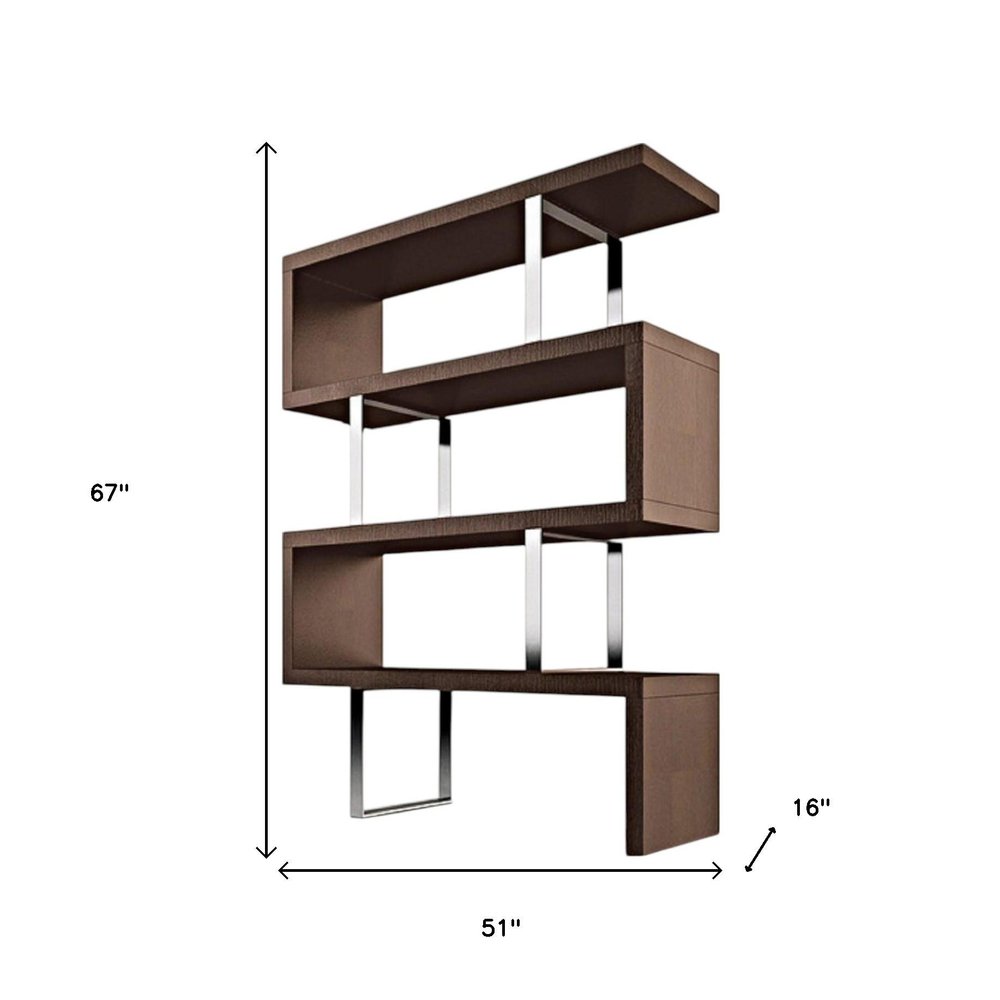 67" Brown And Silver Metal and Wood Three Tier Etagere Bookcase HomeRoots