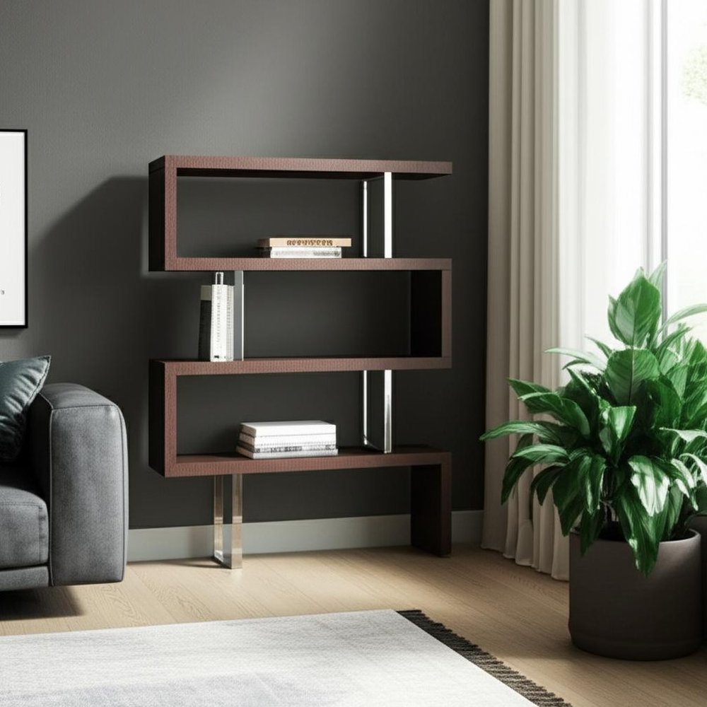 67" Brown And Silver Metal and Wood Three Tier Etagere Bookcase HomeRoots