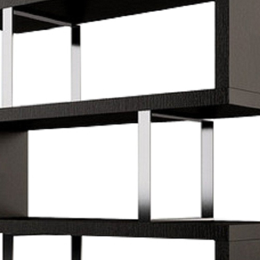 67" Espresso And Silver Metal and Wood Three Tier Etagere Bookcase HomeRoots