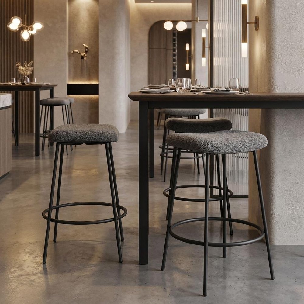Set of Two 26" Gray And Black Fabric And Metal Backless Counter Height Bar Chairs — view 12