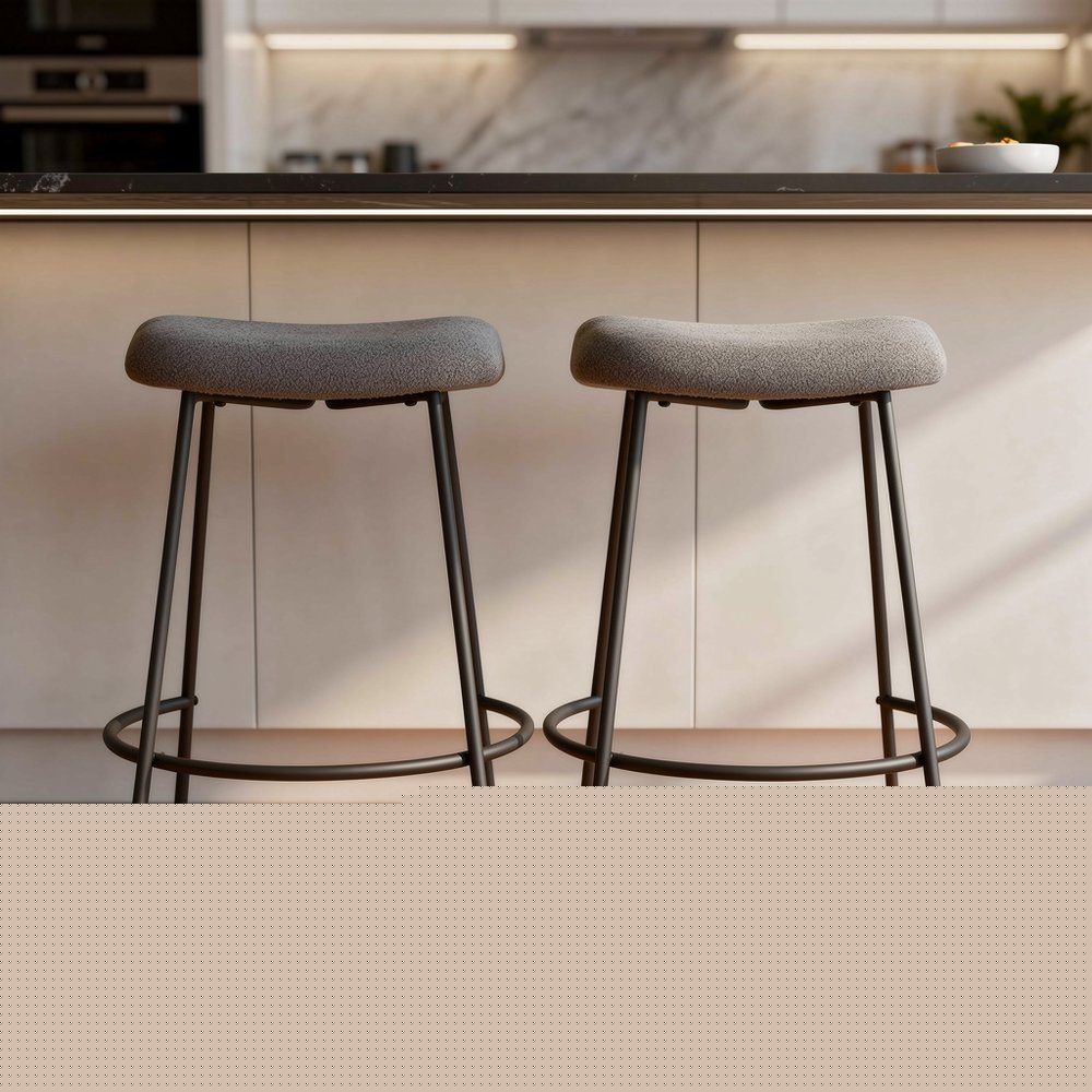 Set of Two 26" Gray and Black Fabric and Metal Backless Counter Height Bar Chairs HomeRoots