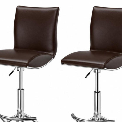 Set of Two Brown And Silver Faux Leather And Metal Low Back Adjustable Height Swivel Bar Chairs HomeRoots