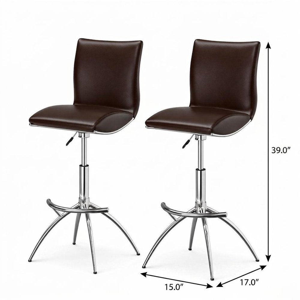 Set of Two Brown And Silver Faux Leather And Metal Low Back Adjustable Height Swivel Bar Chairs HomeRoots