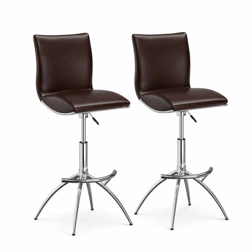 Set of Two Brown And Silver Faux Leather And Metal Low Back Adjustable Height Swivel Bar Chairs HomeRoots