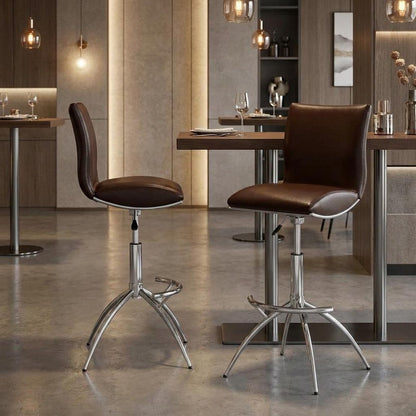 Set of Two Brown And Silver Faux Leather And Metal Low Back Adjustable Height Swivel Bar Chairs HomeRoots