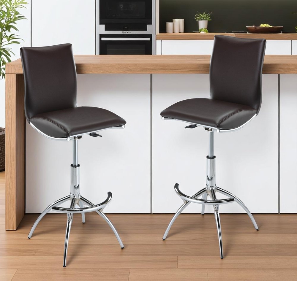 Set of Two Brown and Silver Metal and Faux Leather Low Back Adjustable Height Bar Chairs HomeRoots