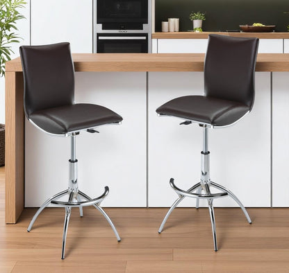 Set of Two Brown and Silver Metal and Faux Leather Low Back Adjustable Height Bar Chairs HomeRoots