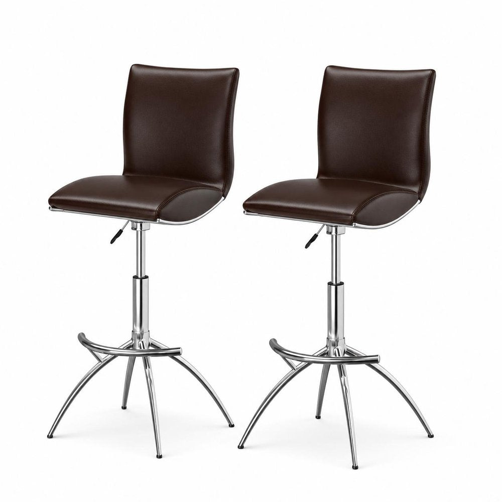 Set of Two Brown And Silver Faux Leather And Metal Low Back Adjustable Height Swivel Bar Chairs HomeRoots
