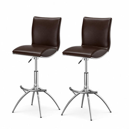 Set of Two Brown And Silver Faux Leather And Metal Low Back Adjustable Height Swivel Bar Chairs HomeRoots