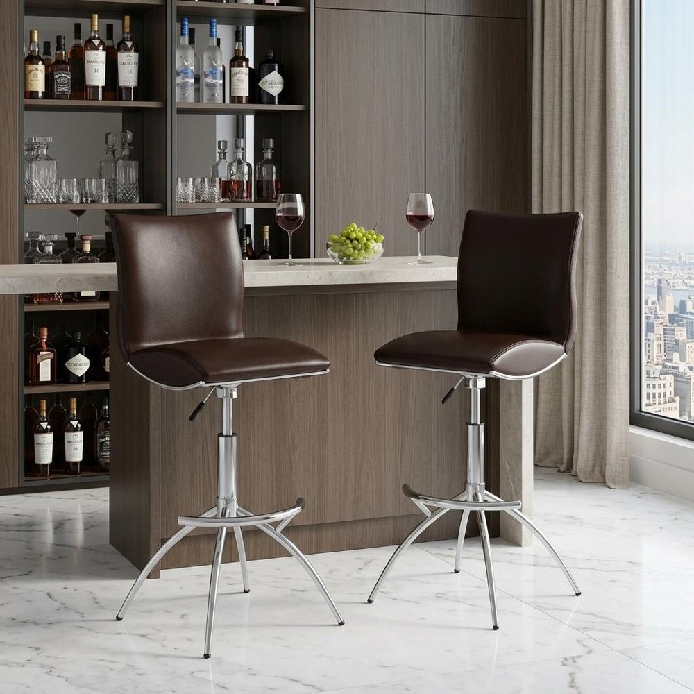 Set of Two Brown And Silver Faux Leather And Metal Low Back Adjustable Height Swivel Bar Chairs HomeRoots