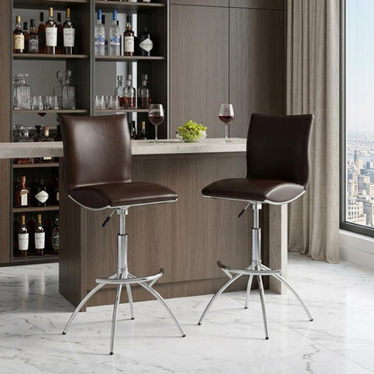 Set of Two Brown And Silver Faux Leather And Metal Low Back Adjustable Height Swivel Bar Chairs HomeRoots