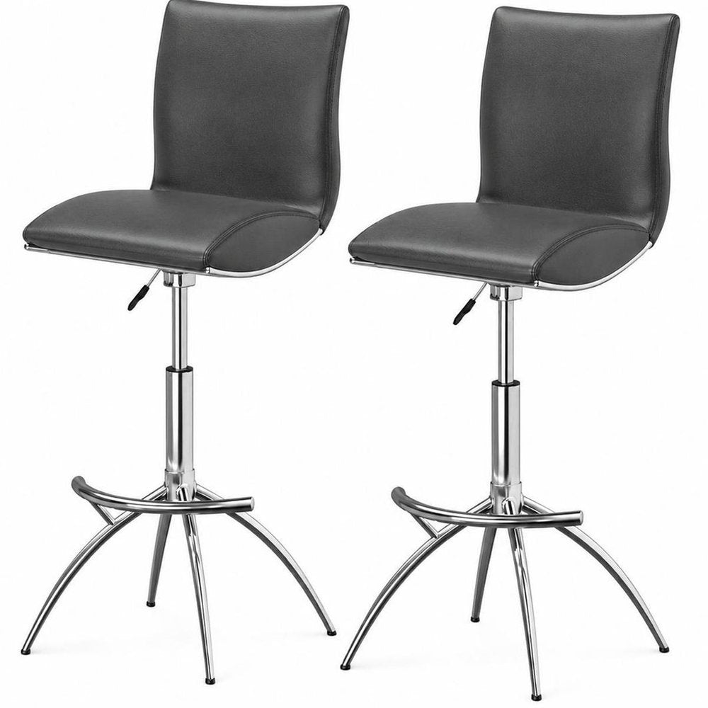 Set of Two Gray And Silver Faux Leather And Metal Low Back Adjustable Height Swivel Bar Chairs HomeRoots