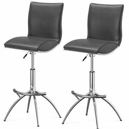 Set of Two Gray And Silver Faux Leather And Metal Low Back Adjustable Height Swivel Bar Chairs HomeRoots