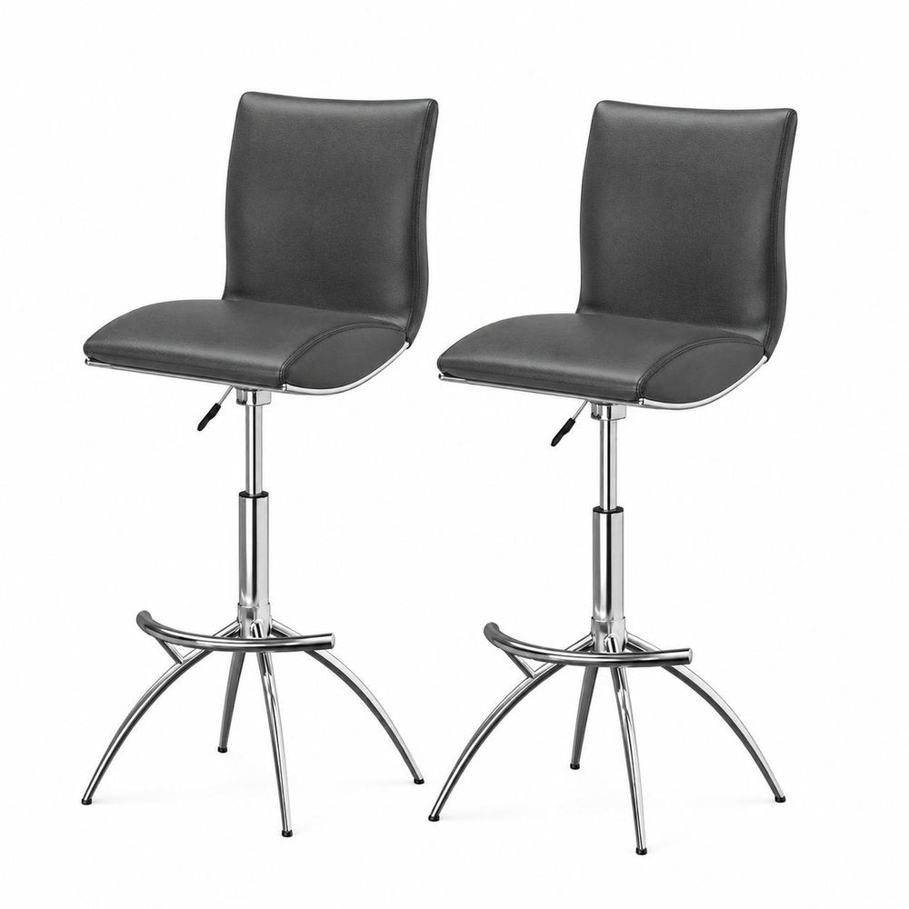 Set of Two Gray And Silver Faux Leather And Metal Low Back Adjustable Height Swivel Bar Chairs HomeRoots