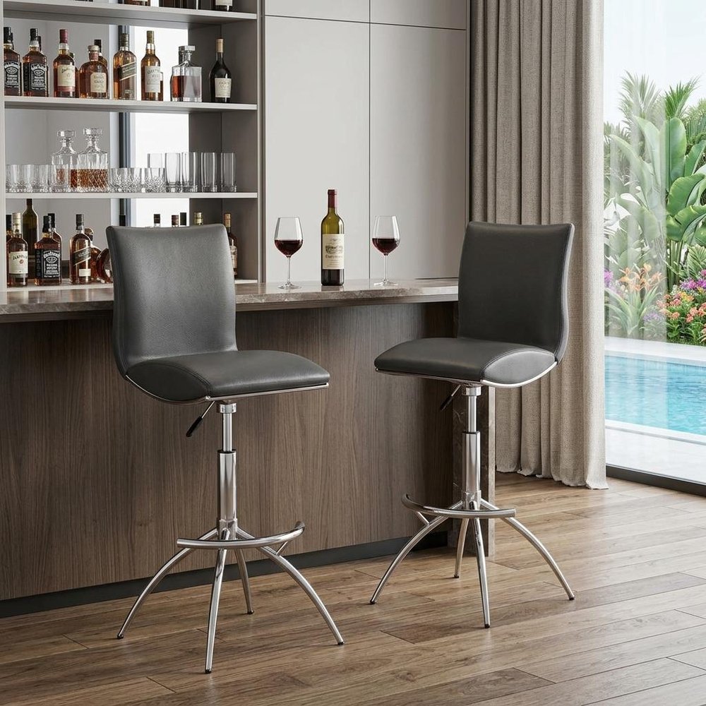 Set of Two Gray And Silver Faux Leather And Metal Low Back Adjustable Height Swivel Bar Chairs HomeRoots