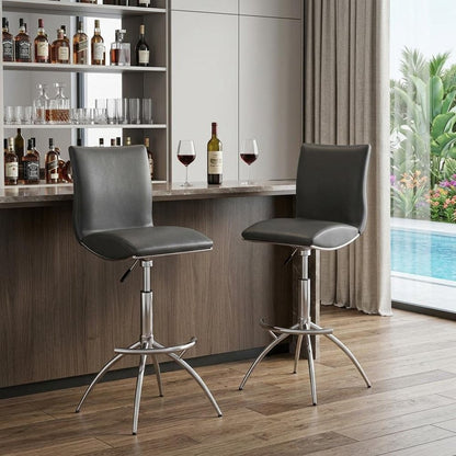 Set of Two Gray And Silver Faux Leather And Metal Low Back Adjustable Height Swivel Bar Chairs HomeRoots