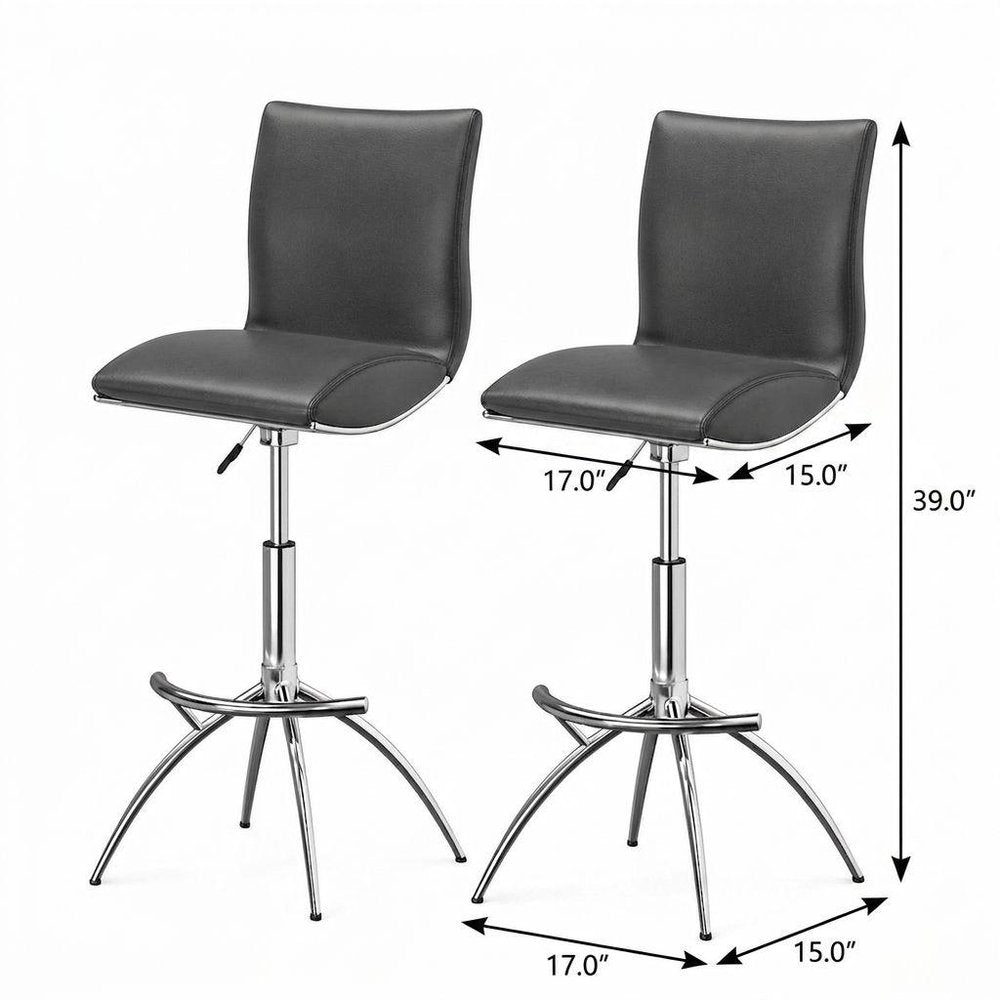 Set of Two Gray And Silver Faux Leather And Metal Low Back Adjustable Height Swivel Bar Chairs HomeRoots