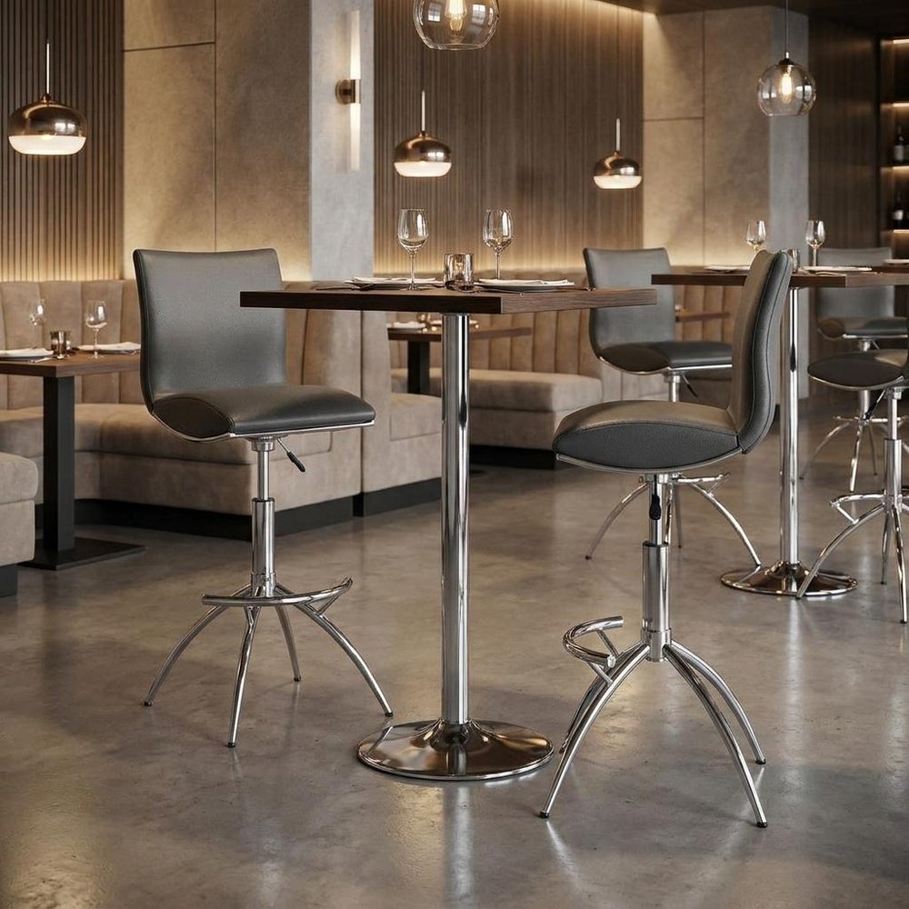 Set of Two Gray And Silver Faux Leather And Metal Low Back Adjustable Height Swivel Bar Chairs HomeRoots