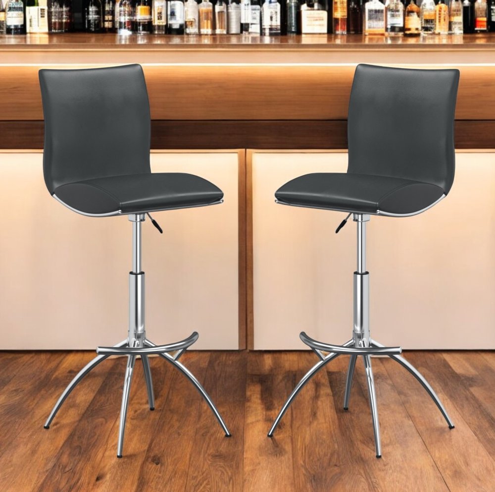 Set of Two Gray and Silver Faux Leather and Metal Low Back Adjustable Height Bar Chairs HomeRoots