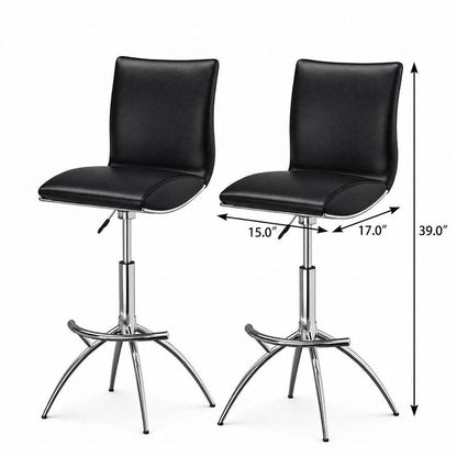 Set of Two Black And Silver Faux Leather And Metal Low Back Adjustable Height Swivel Bar Chairs HomeRoots
