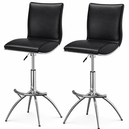Set of Two Black And Silver Faux Leather And Metal Low Back Adjustable Height Swivel Bar Chairs HomeRoots