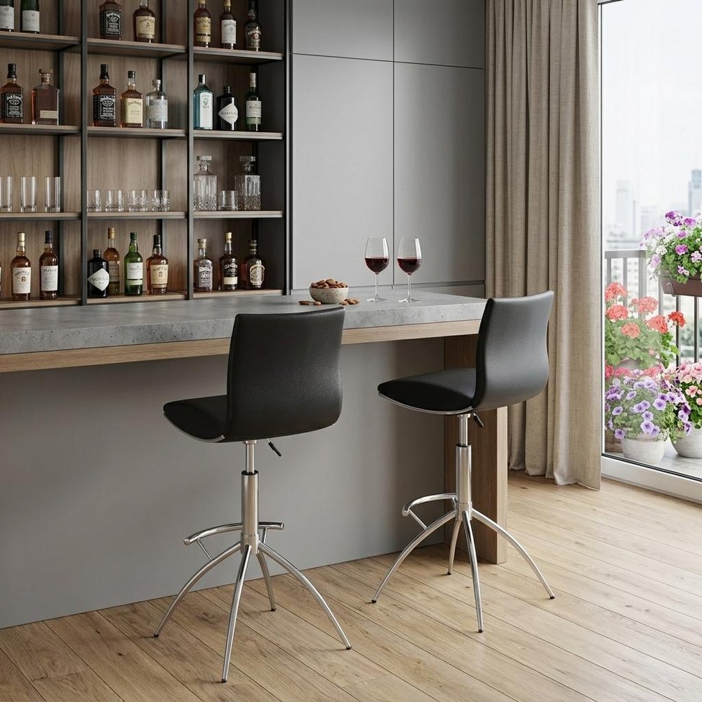 Set of Two Black and Silver Faux Leather and Metal Low Back Adjustable Height Bar Chairs HomeRoots
