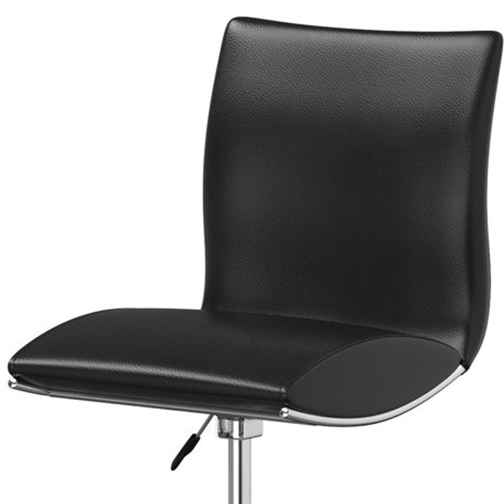 Set of Two Black and Silver Faux Leather and Metal Low Back Adjustable Height Bar Chairs HomeRoots