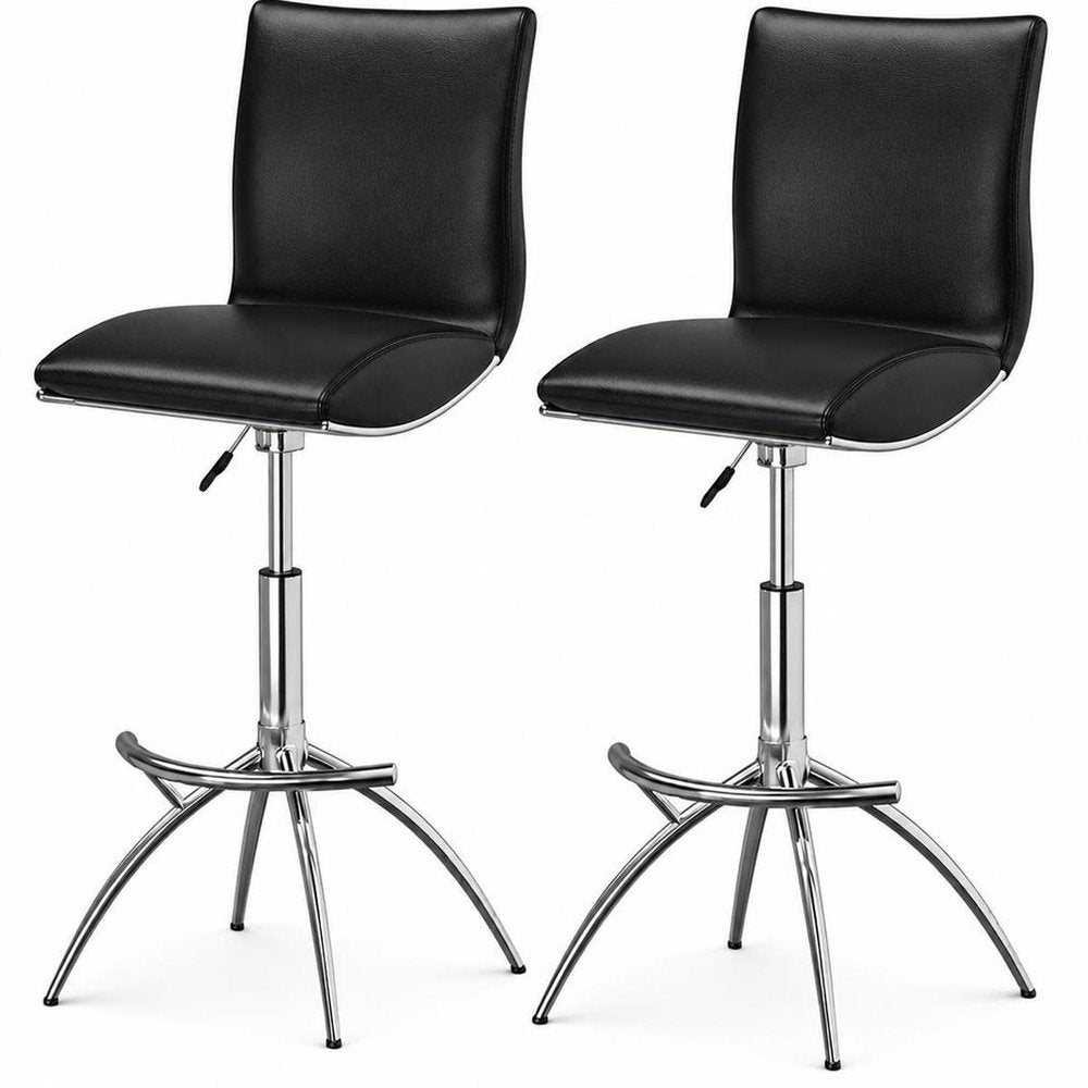 Set of Two Black And Silver Faux Leather And Metal Low Back Adjustable Height Swivel Bar Chairs HomeRoots