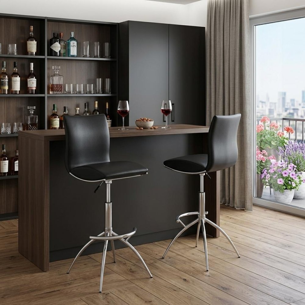 Set of Two Black and Silver Faux Leather and Metal Low Back Adjustable Height Bar Chairs HomeRoots