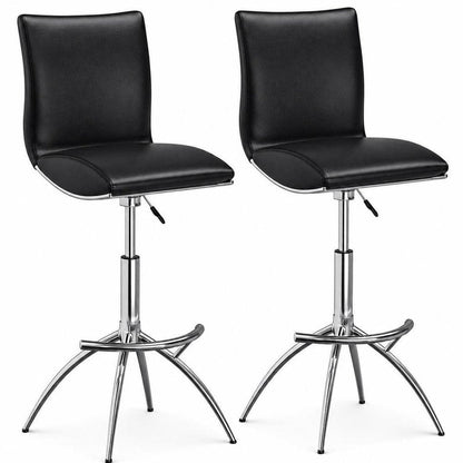 Set of Two Black And Silver Faux Leather And Metal Low Back Adjustable Height Swivel Bar Chairs HomeRoots