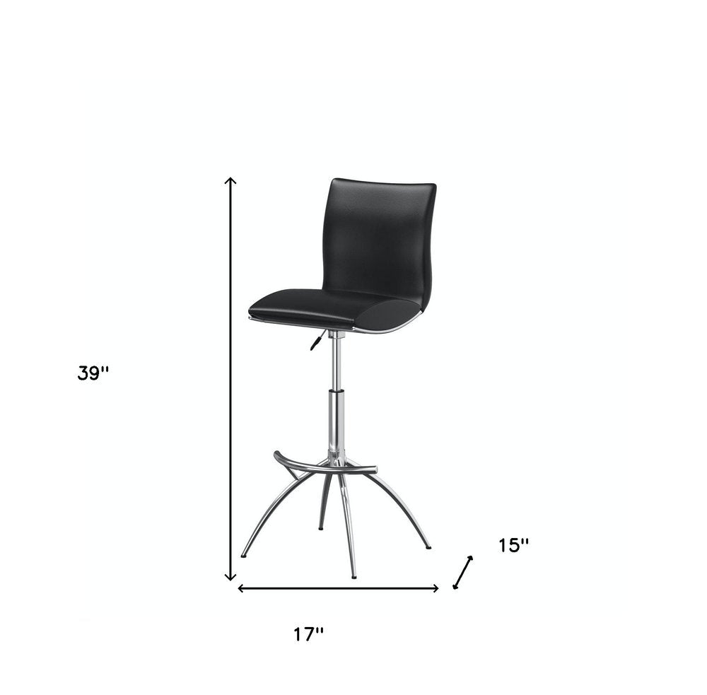Set of Two Black and Silver Faux Leather and Metal Low Back Adjustable Height Bar Chairs HomeRoots