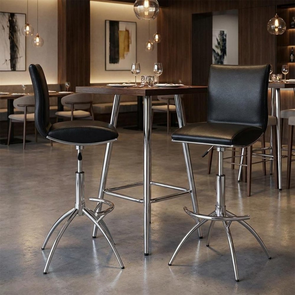 Set of Two Black And Silver Faux Leather And Metal Low Back Adjustable Height Swivel Bar Chairs HomeRoots