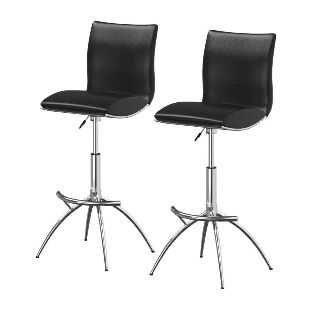 Set of Two Black and Silver Faux Leather and Metal Low Back Adjustable Height Bar Chairs HomeRoots