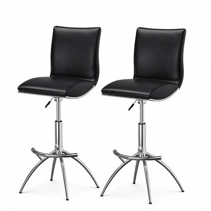 Set of Two Black And Silver Faux Leather And Metal Low Back Adjustable Height Swivel Bar Chairs HomeRoots
