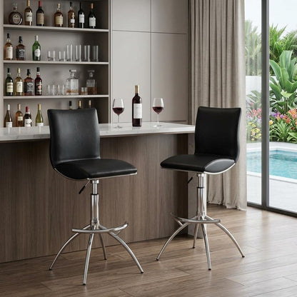 Set of Two Black And Silver Faux Leather And Metal Low Back Adjustable Height Swivel Bar Chairs HomeRoots