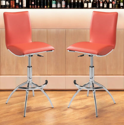 Set of Two Orange and Silver Faux Leather and Metal Low Back Adjustable Height Bar Chairs HomeRoots
