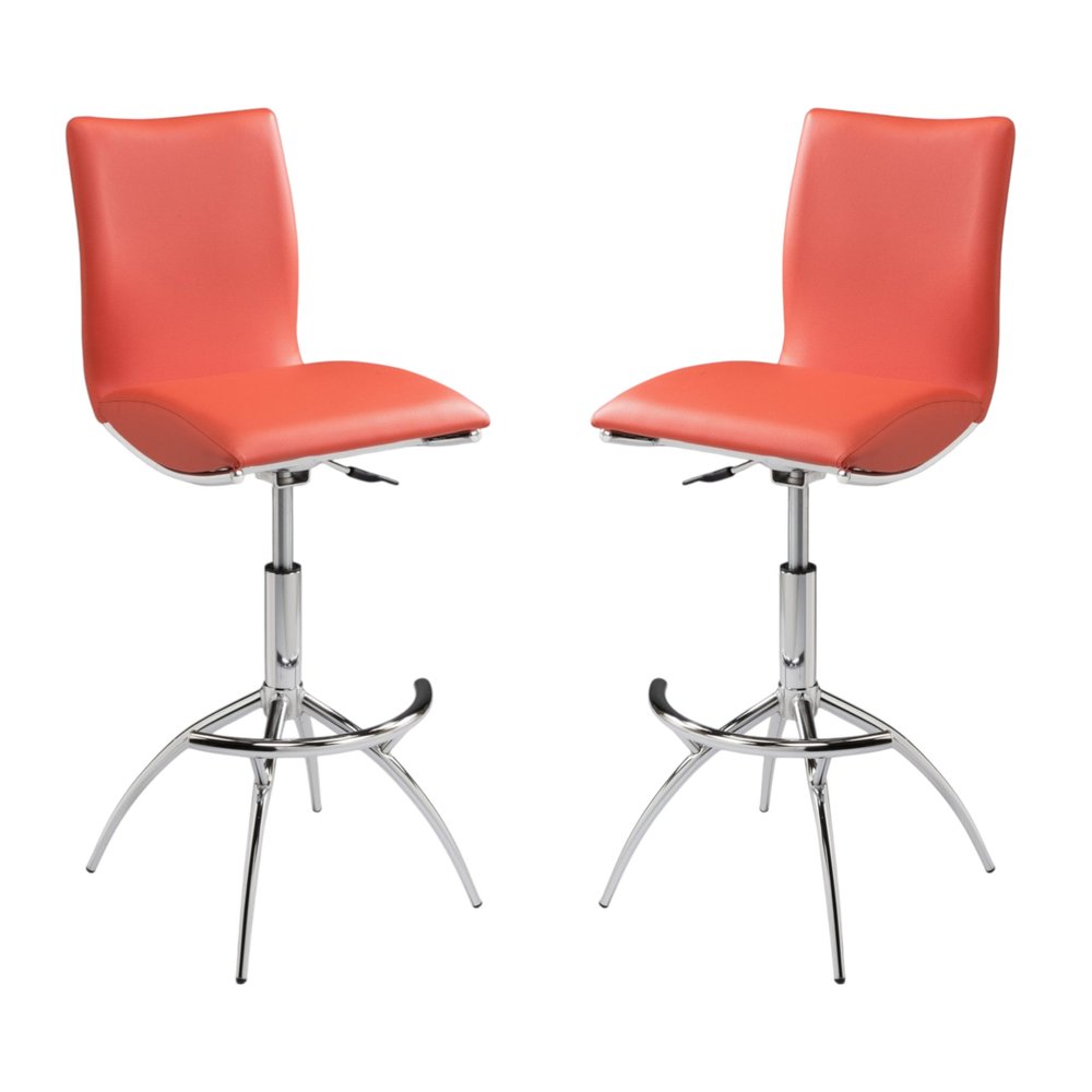 Set of Two Orange And Silver Faux Leather And Metal Low Back Adjustable Height Swivel Bar Chairs HomeRoots