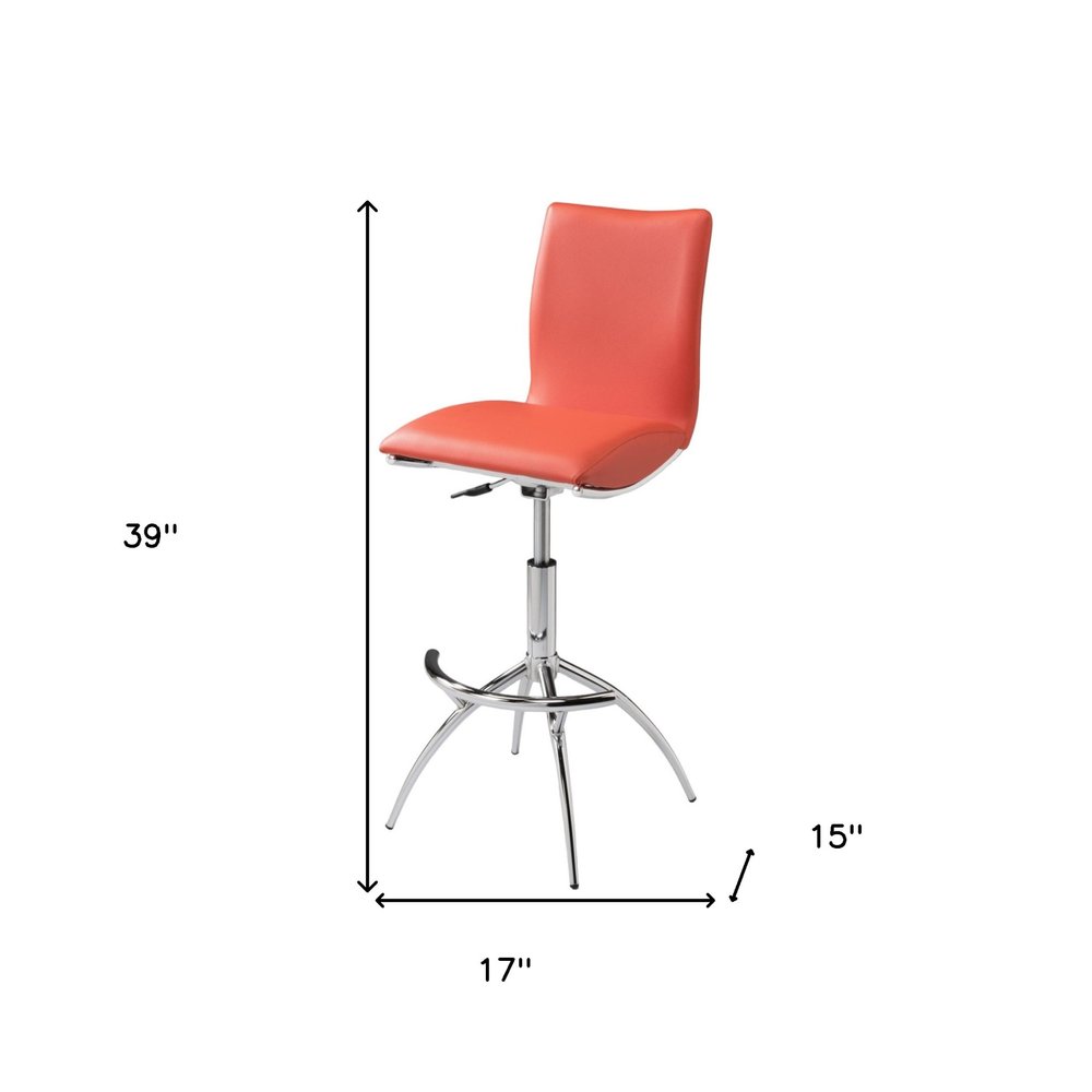 Set of Two Orange And Silver Faux Leather And Metal Low Back Adjustable Height Swivel Bar Chairs HomeRoots