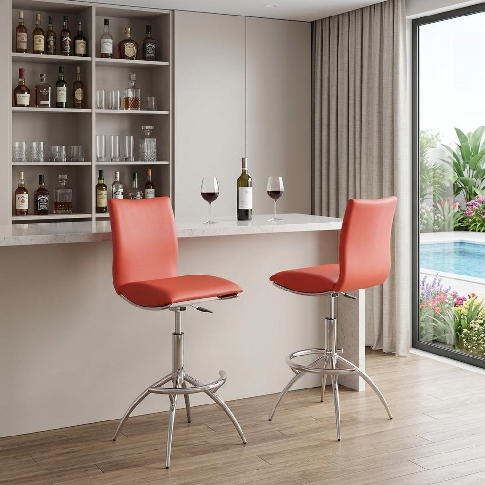 Set of Two Orange And Silver Faux Leather And Metal Low Back Adjustable Height Swivel Bar Chairs HomeRoots