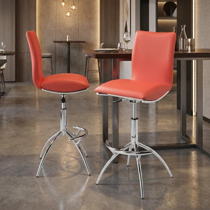 Set of Two Orange And Silver Faux Leather And Metal Low Back Adjustable Height Swivel Bar Chairs HomeRoots