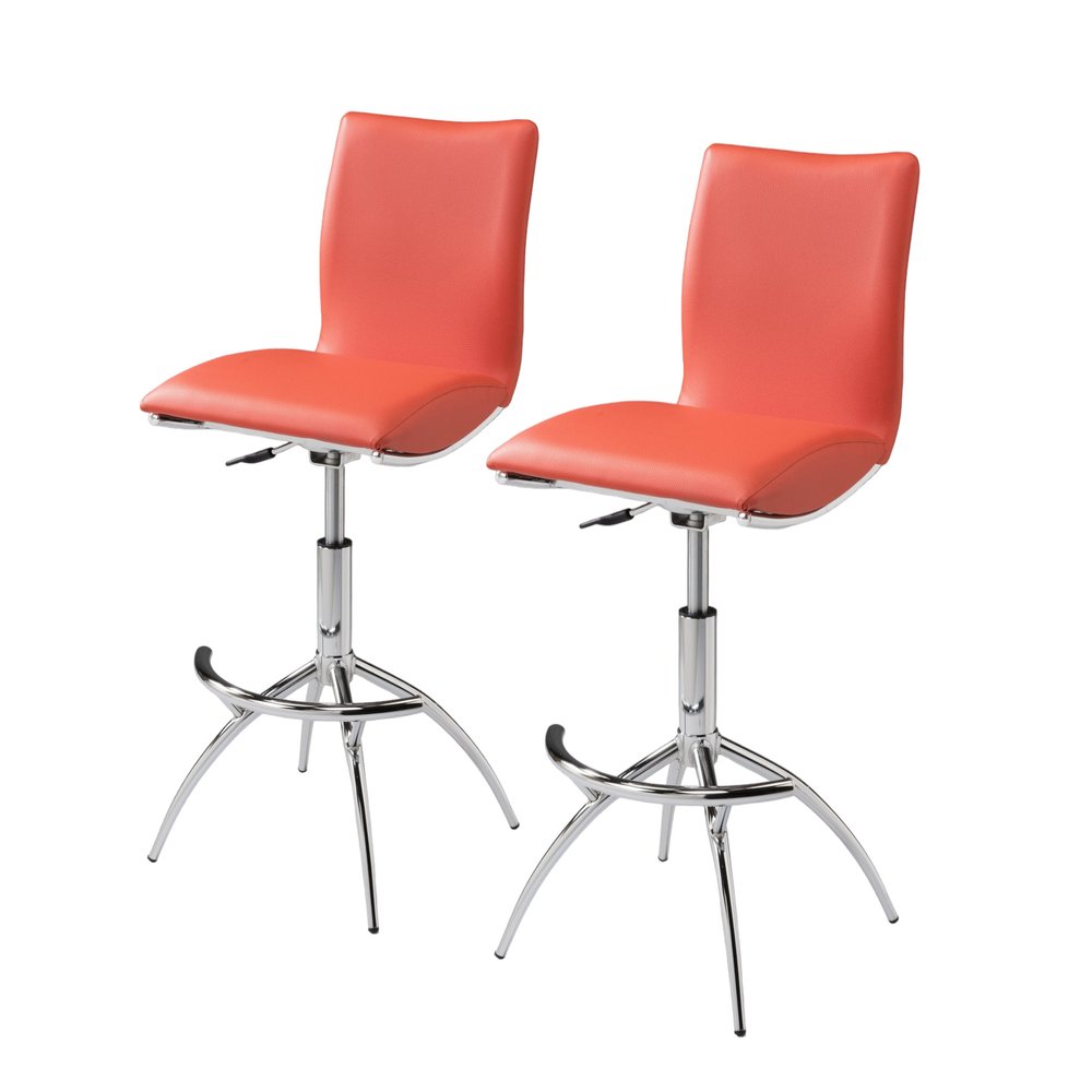 Set of Two Orange And Silver Faux Leather And Metal Low Back Adjustable Height Swivel Bar Chairs HomeRoots